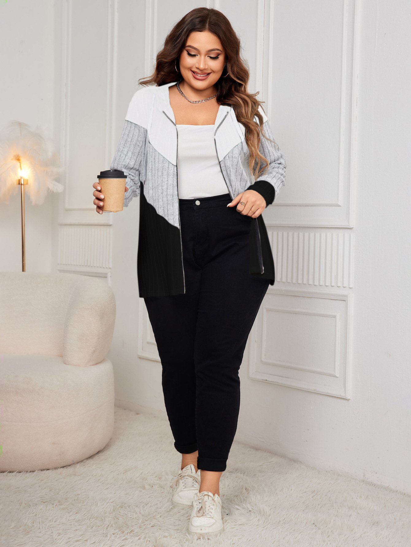 Colorblock Ribbed Knit Zip-Up Hoodie | Casual Curvy Long Sleeve Jacket