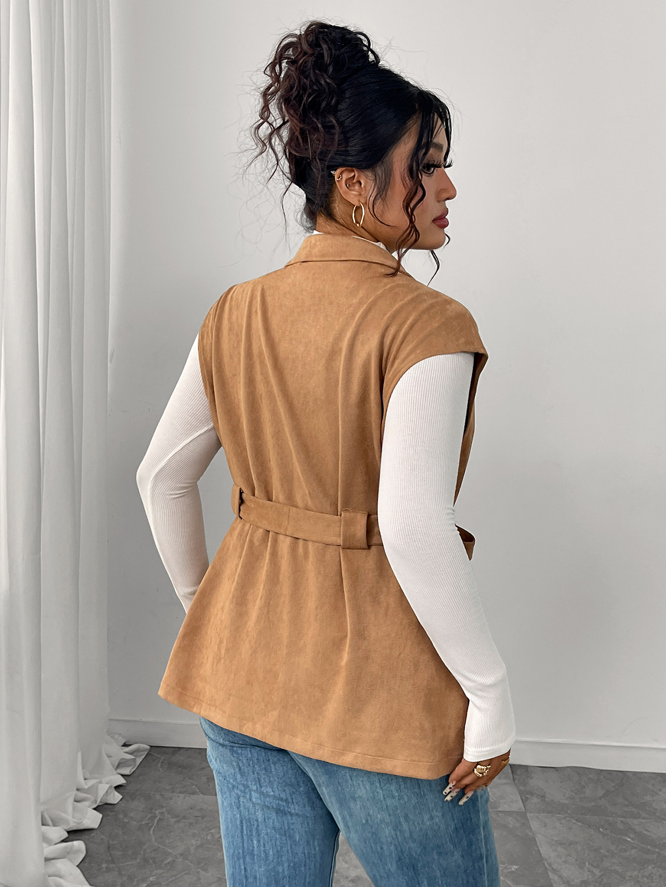 Faux Suede Belted Blazer Vest | Curvy Women's Sleeveless Outerwear