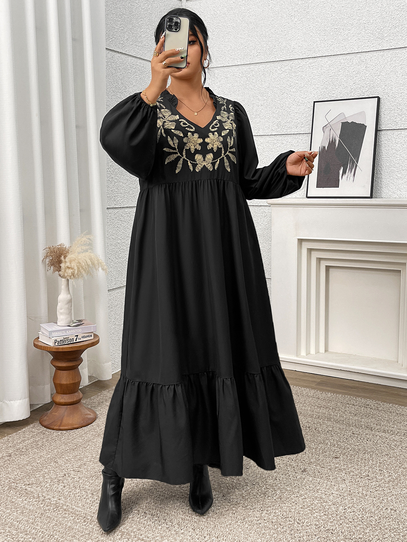 Gold Floral Embroidered V-Neck Ruffle Hem Maxi Dress | Casual Loose Curvy Dress