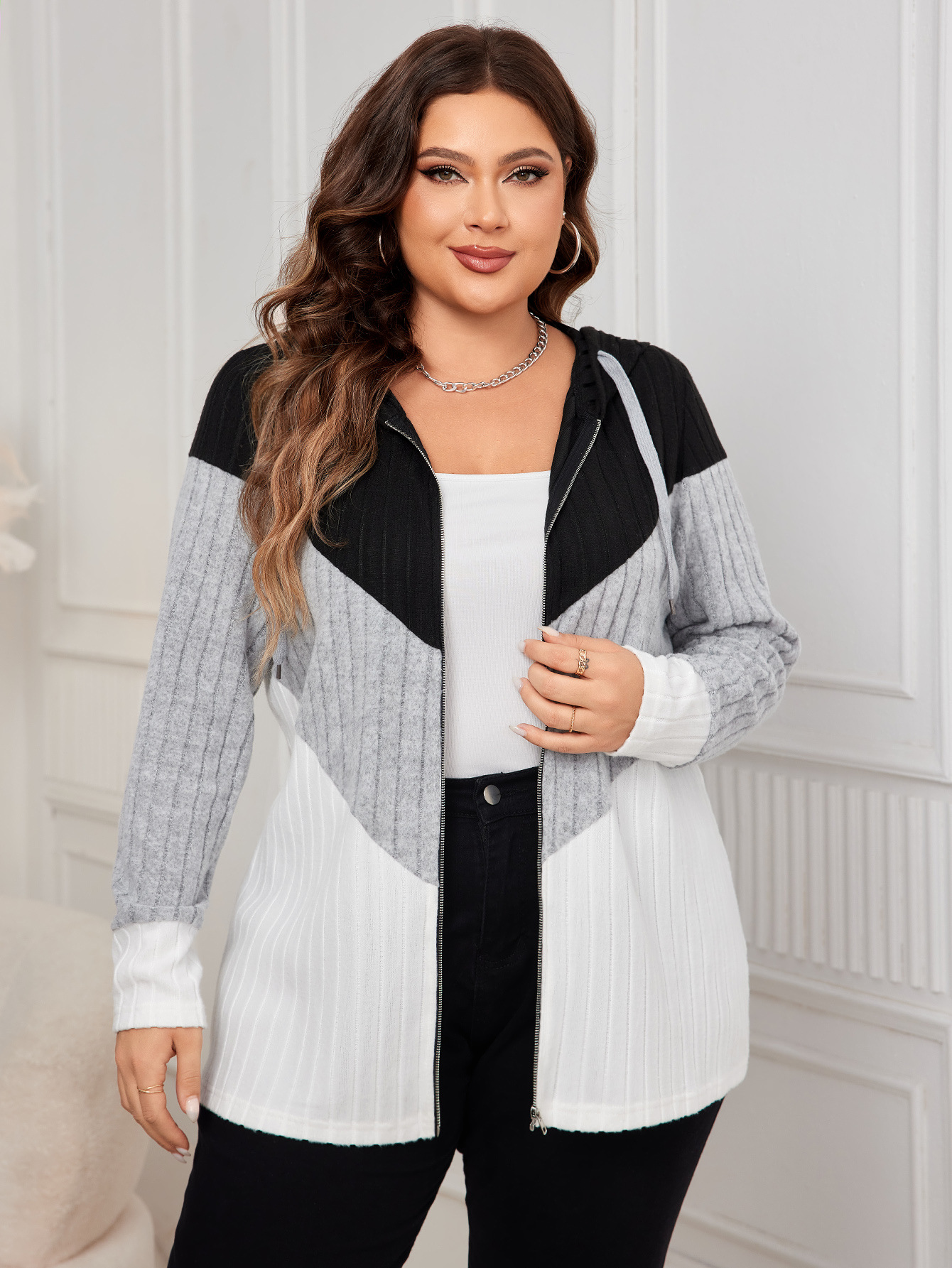 Colorblock Ribbed Knit Zip-Up Hoodie | Casual Curvy Long Sleeve Jacket