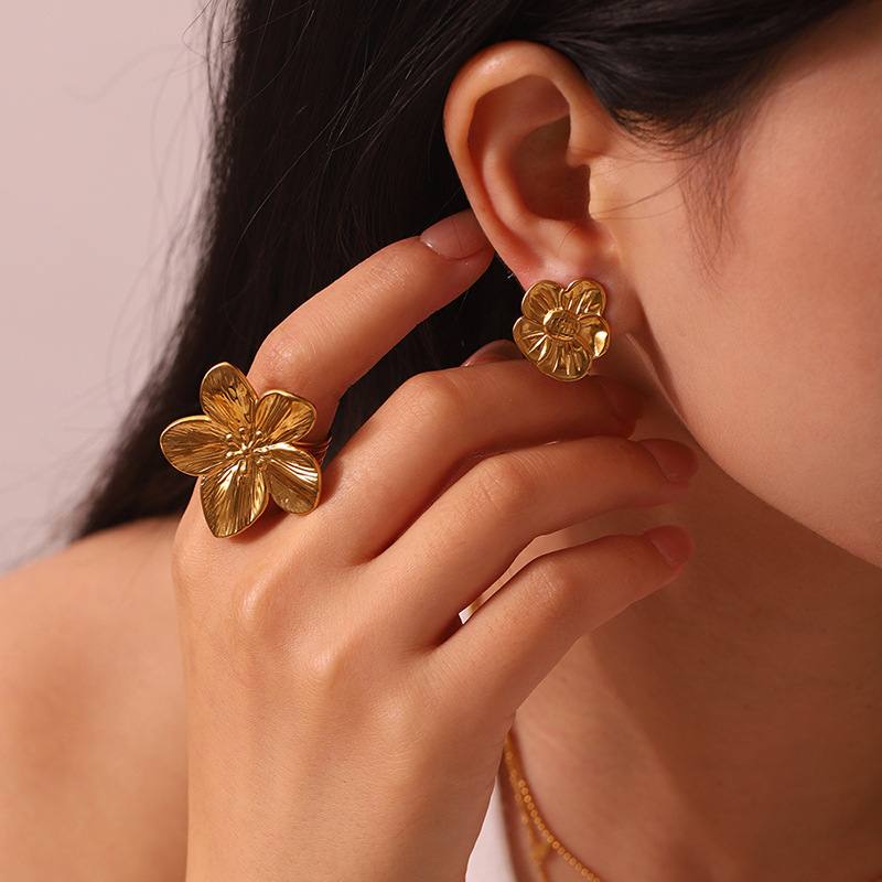 Textured Four-Petal Floral Stainless Steel Studs