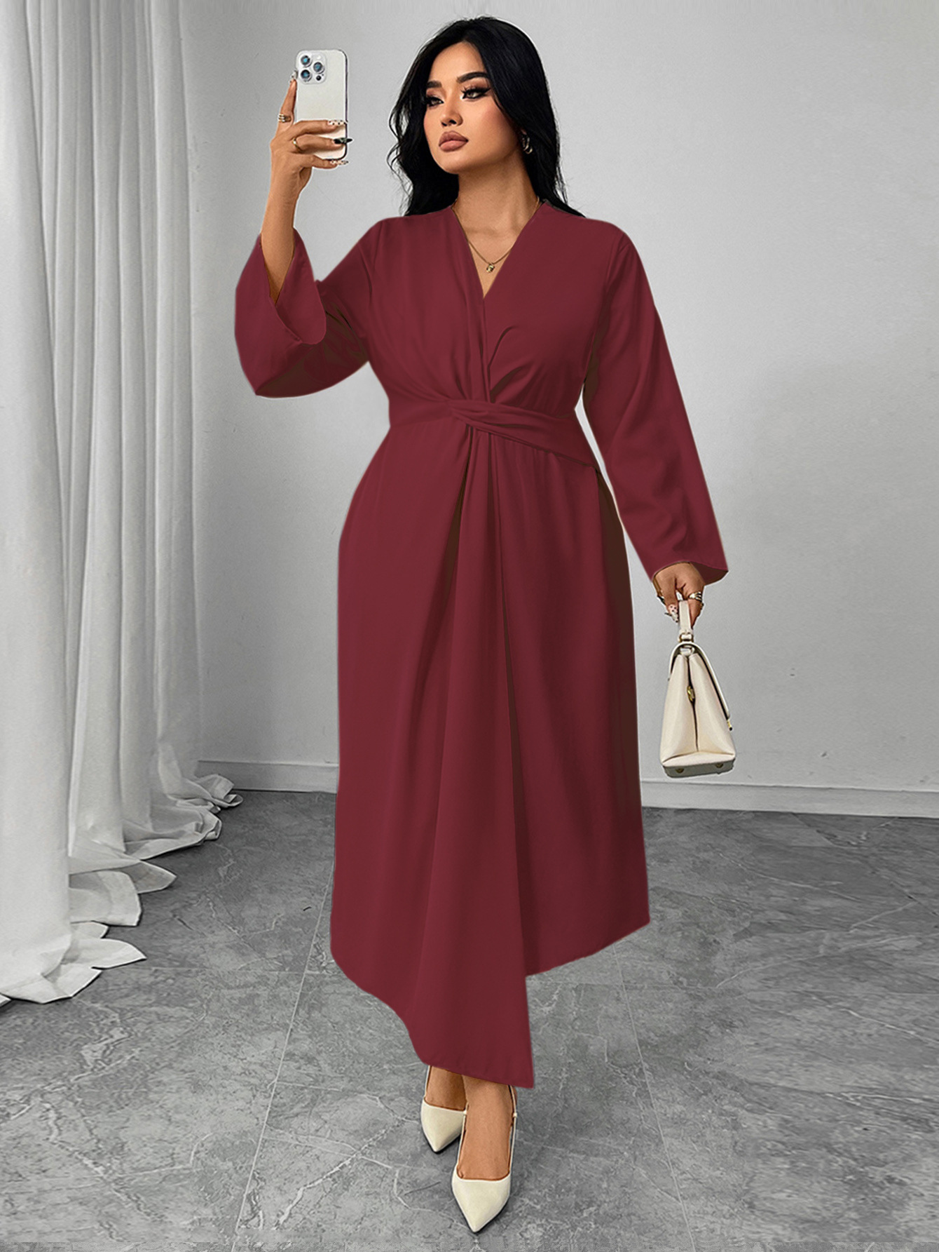 Twist Waist V-Neck Long Sleeve Midi Dress | Elegant Office Casual Curvy Wrap Dress