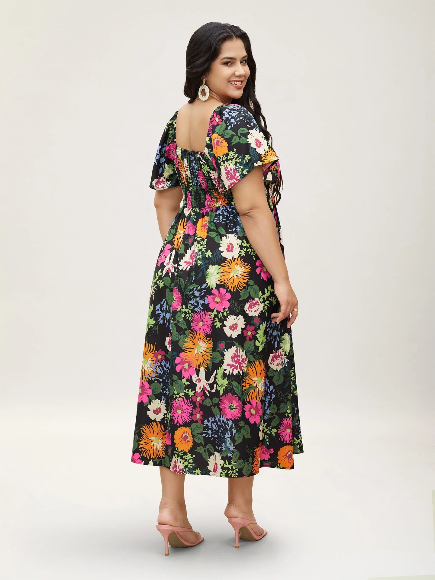 Floral Square Neck Smocked Puff Sleeve Midi Dress | Curvy Women's Casual & Vacation Dress