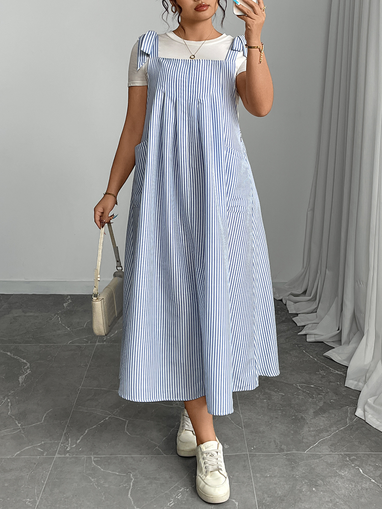 Tie Shoulder Pleated Maxi Pinafore Dress | Year-Round Casual Loose Fit Curvy Overall Dress