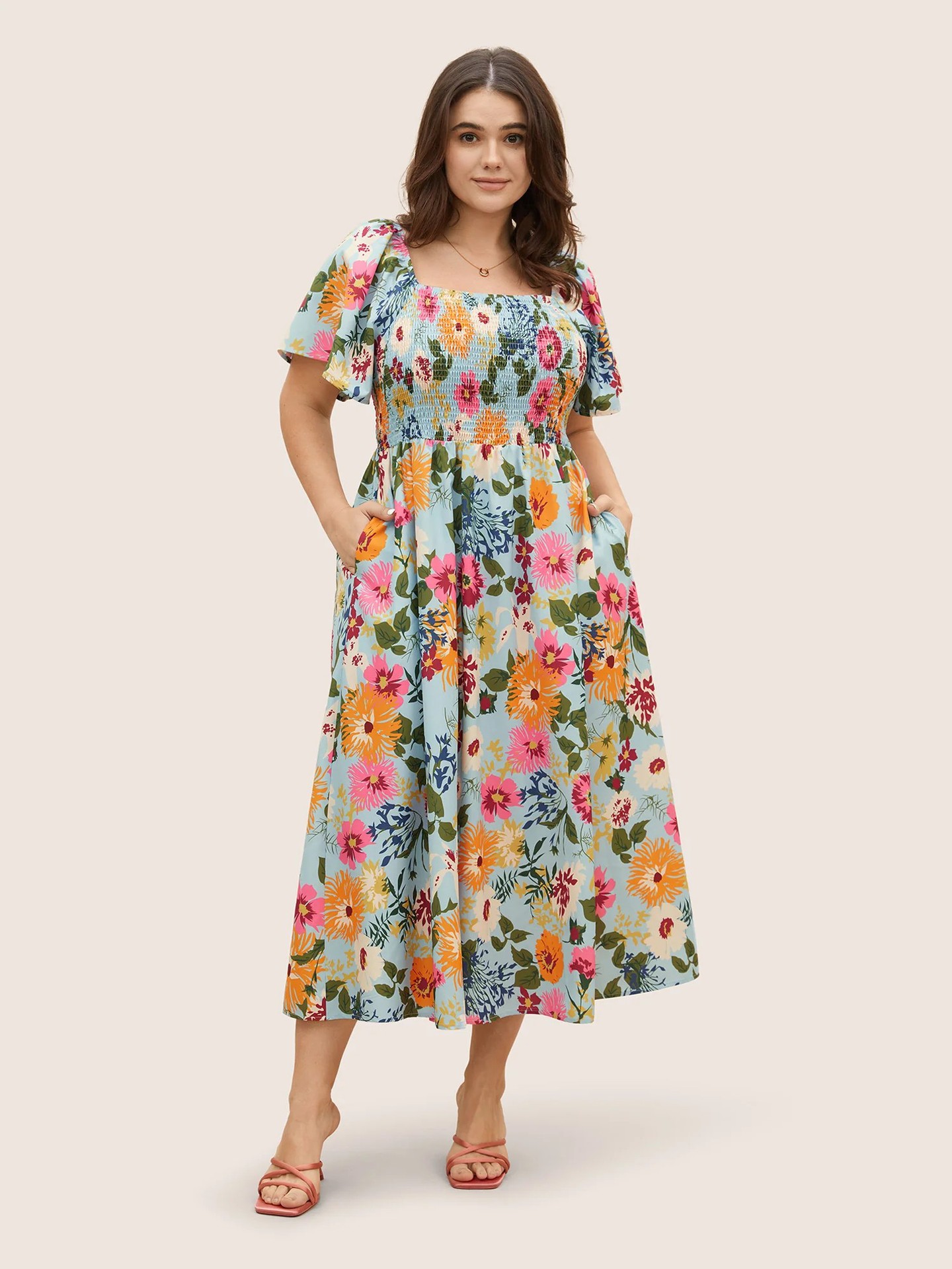 Floral Square Neck Smocked Puff Sleeve Midi Dress | Curvy Women's Casual & Vacation Dress