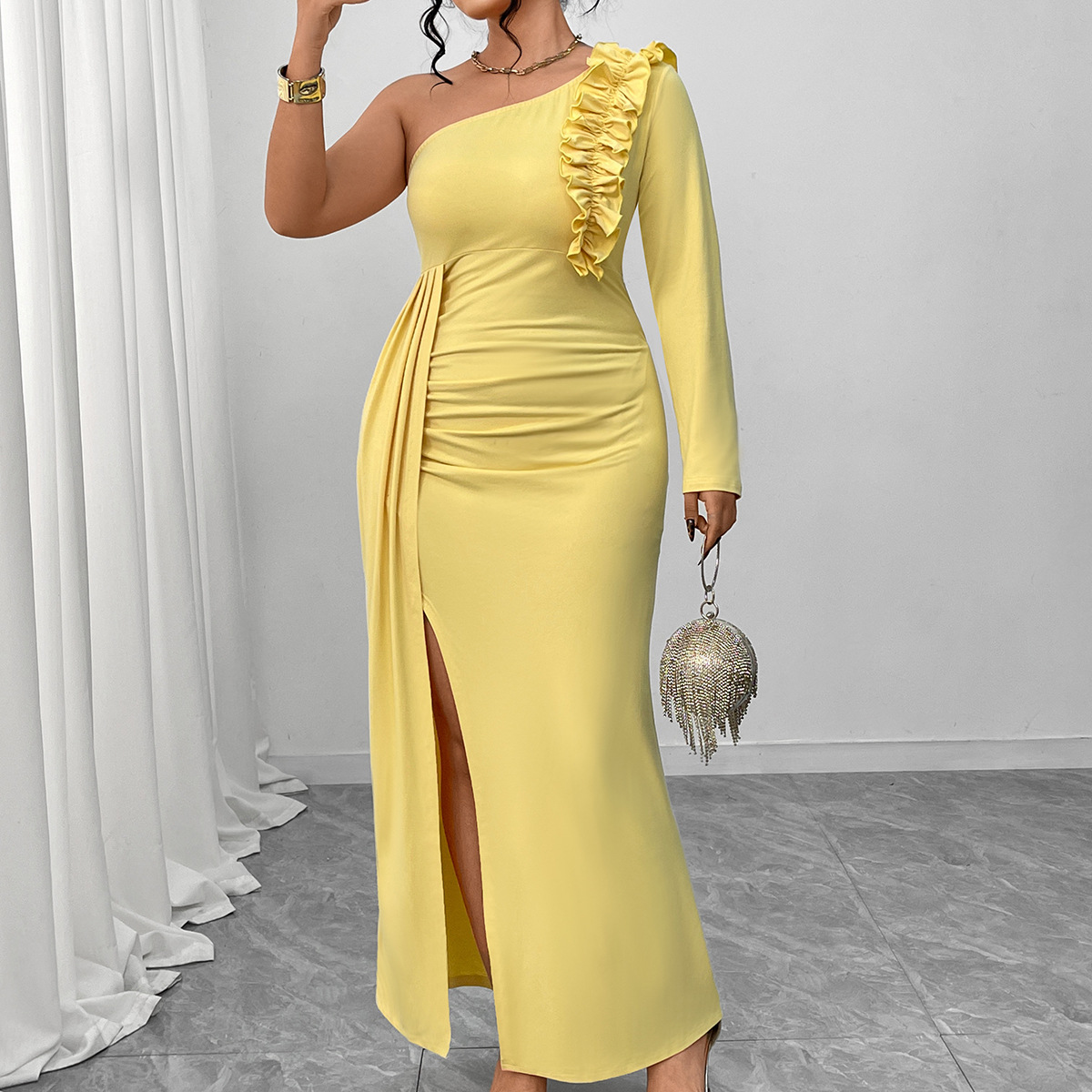 One-Shoulder Ruffle Slit Maxi Dress | Curvy Women's Elegant Formal Party Dress