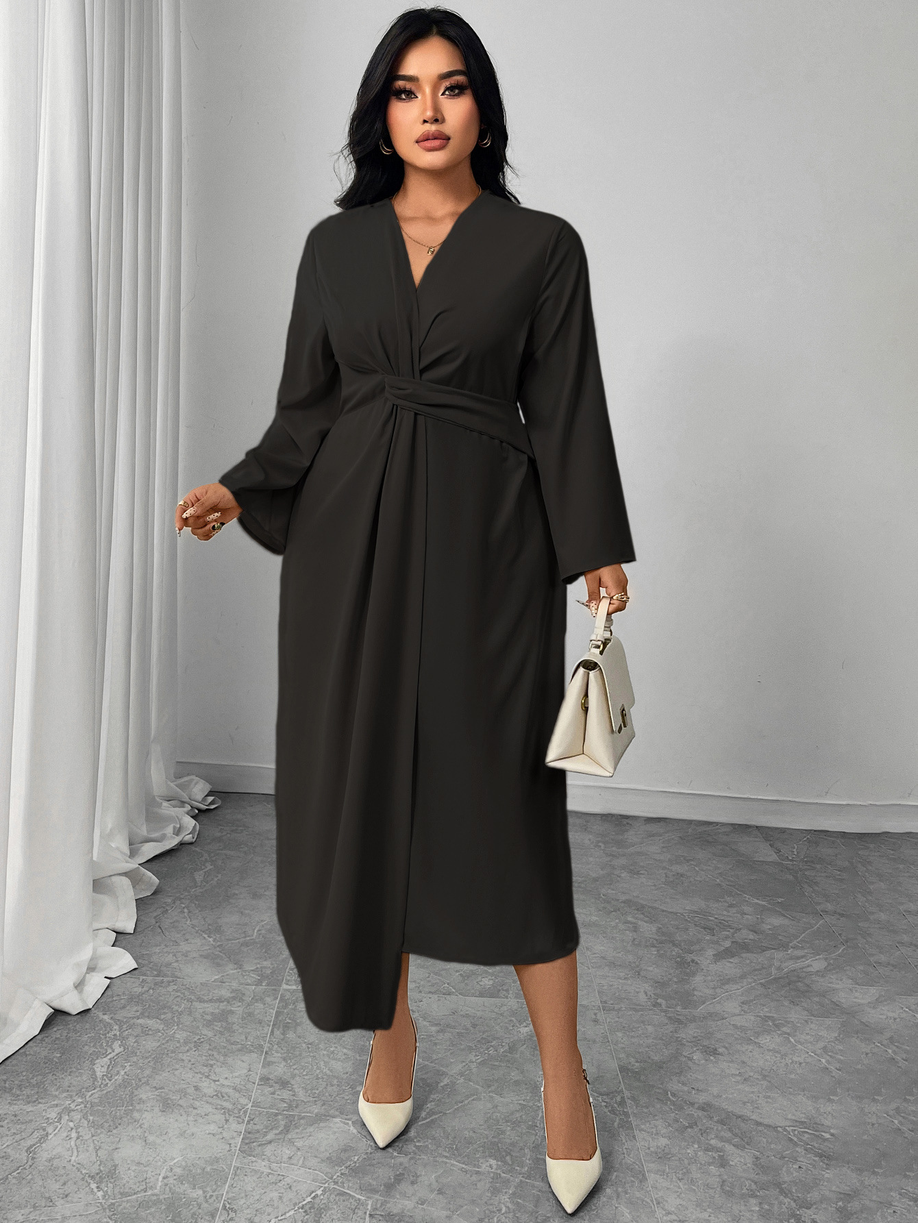Twist Waist V-Neck Long Sleeve Midi Dress | Elegant Office Casual Curvy Wrap Dress