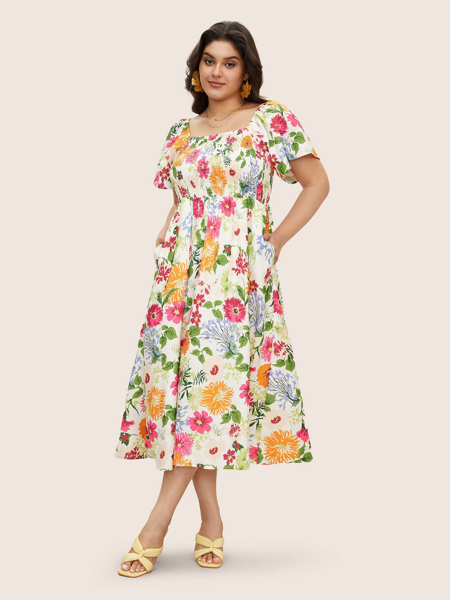 Floral Square Neck Smocked Puff Sleeve Midi Dress | Curvy Women's Casual & Vacation Dress