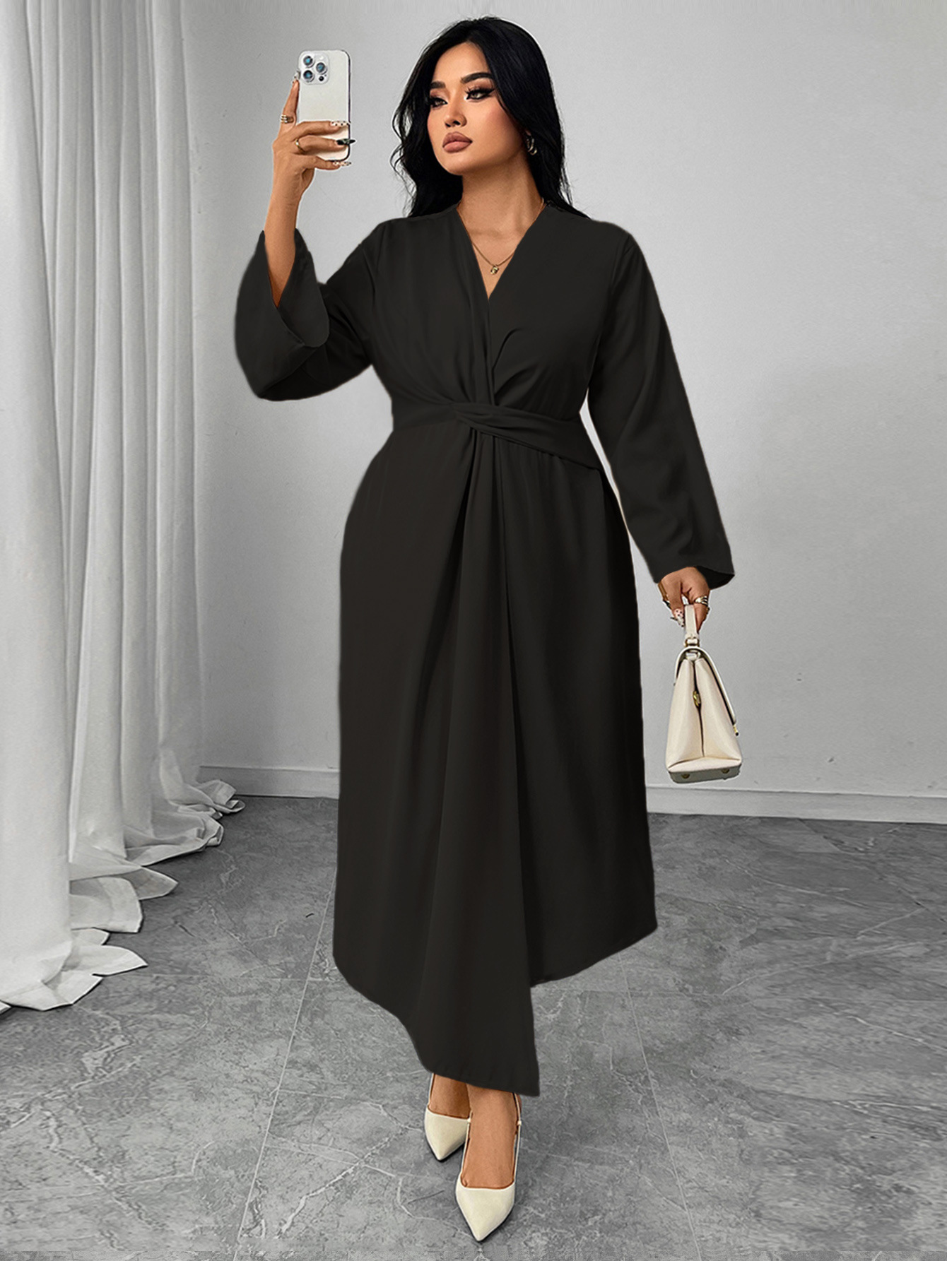 Twist Waist V-Neck Long Sleeve Midi Dress | Elegant Office Casual Curvy Wrap Dress