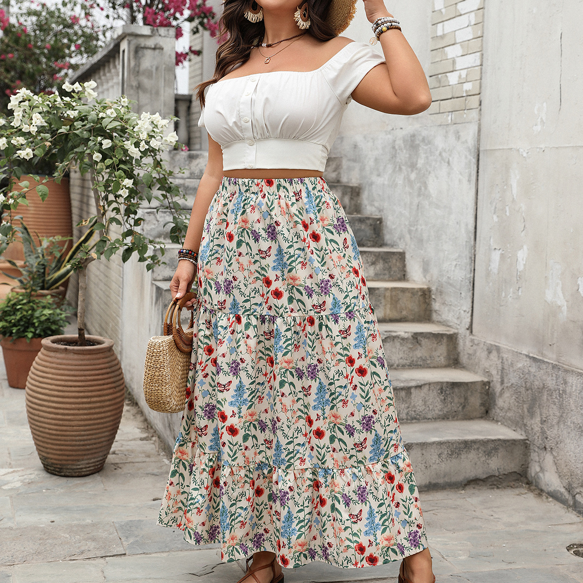 Floral Print Tiered Maxi Skirt | Casual Boho Curvy Skirt