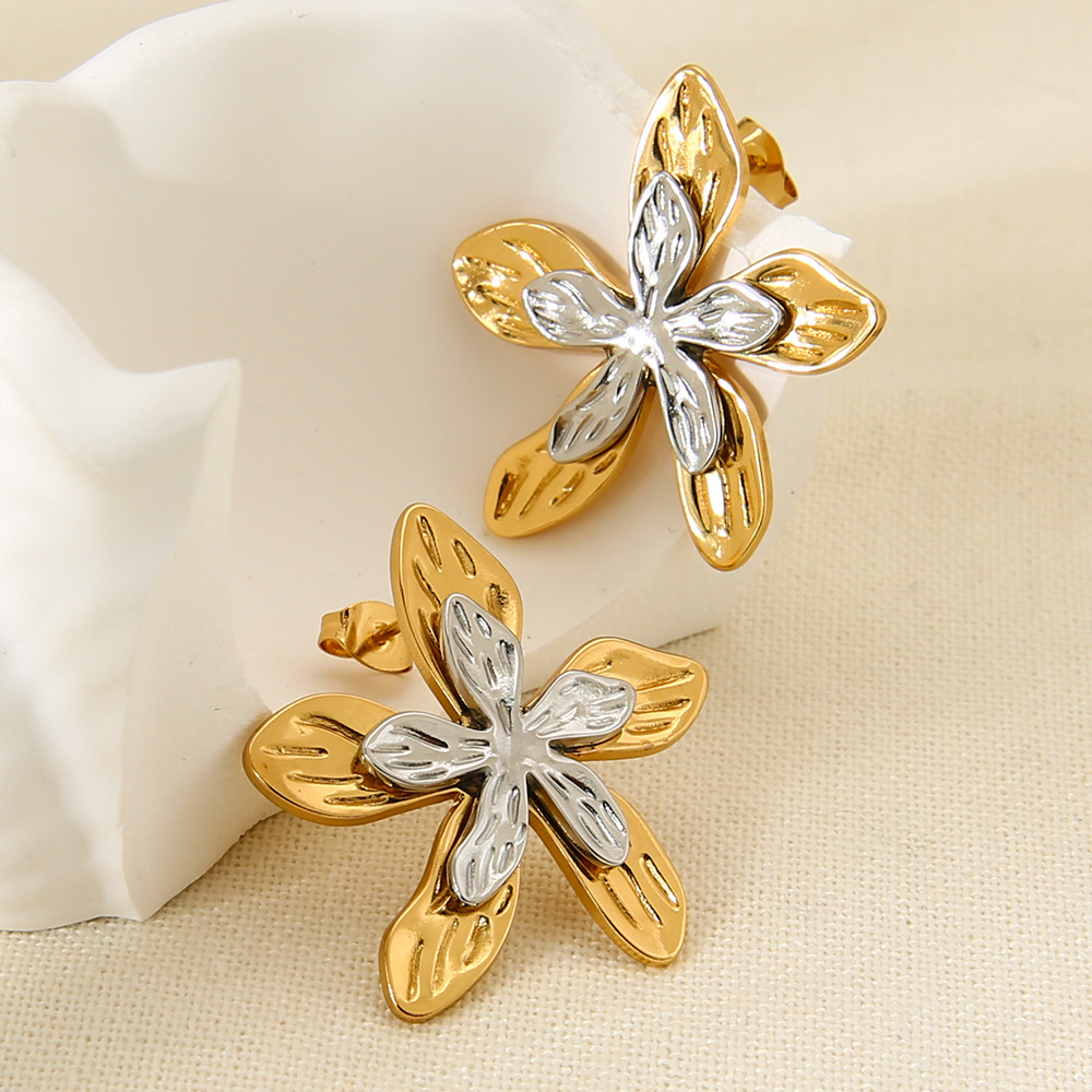 Two-Tone Double Layer Five-Petal Flower Stud Earrings