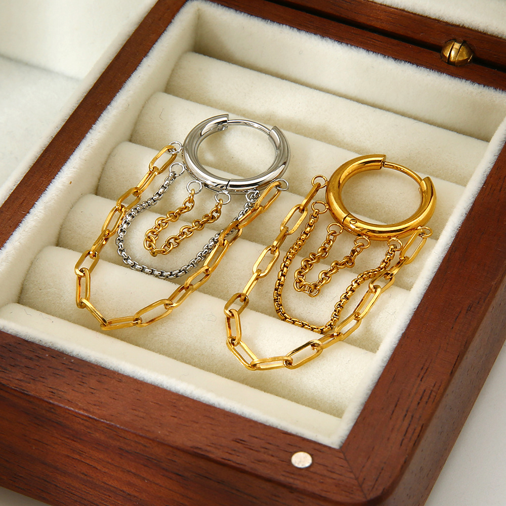 Two-Tone Multi Layer Chain Tassel Hoop Earrings