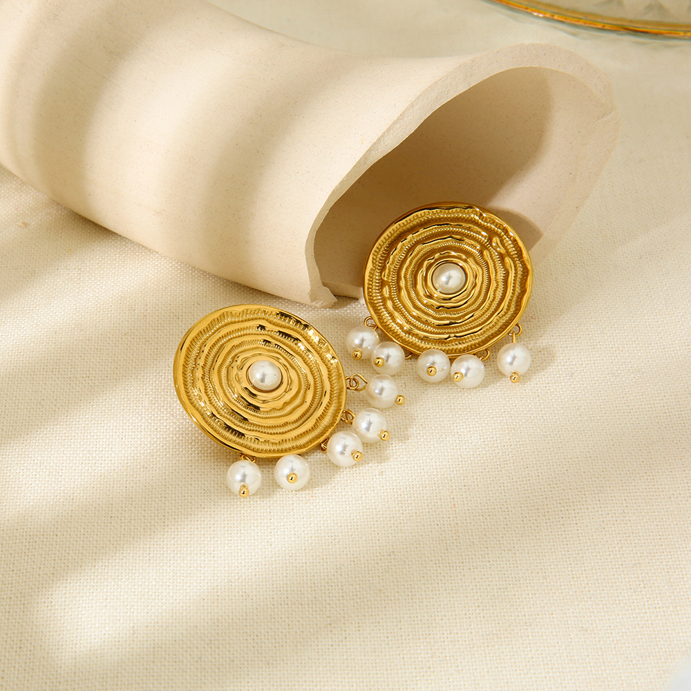 Vintage Concentric Disc Pearl Drop Stud Earrings