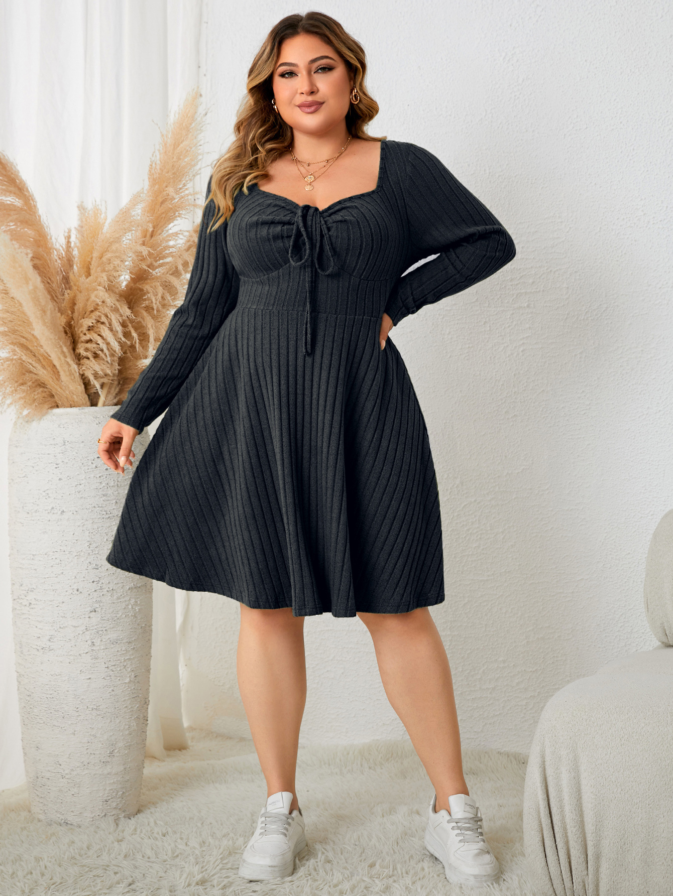 Ribbed Knit Drawstring V-Neck Long Sleeve A-Line Dress | Casual Curvy Sweater Dress