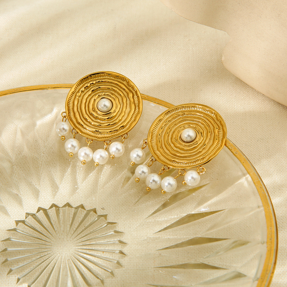 Vintage Concentric Disc Pearl Drop Stud Earrings