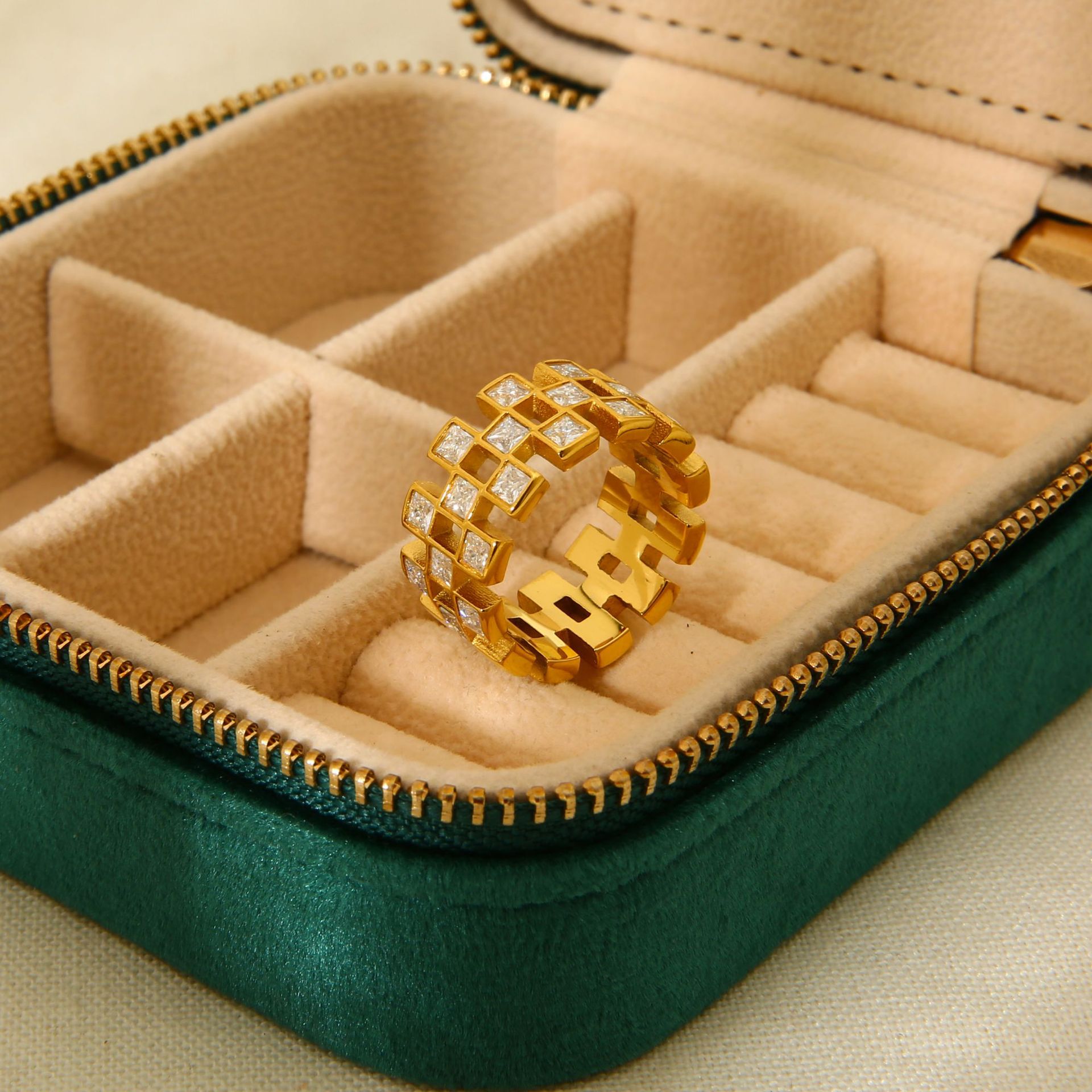 Hollow Grid Cubic Zirconia Wide Band Ring