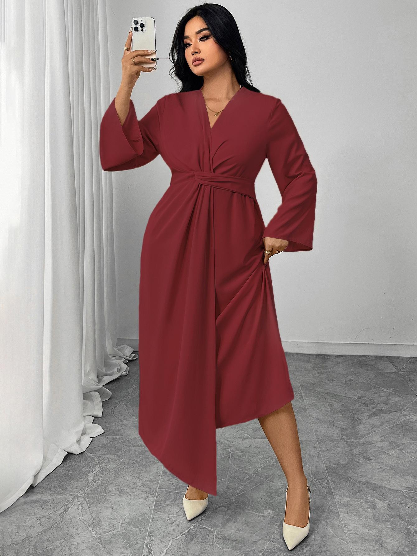 Twist Waist V-Neck Long Sleeve Midi Dress | Elegant Office Casual Curvy Wrap Dress