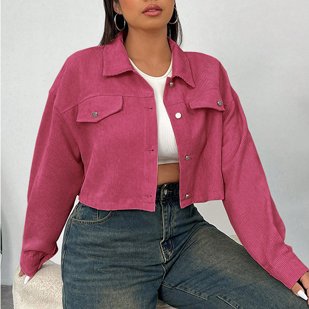 Corduroy Cropped Button-Down Jacket | Casual Plus Size Trucker Coat