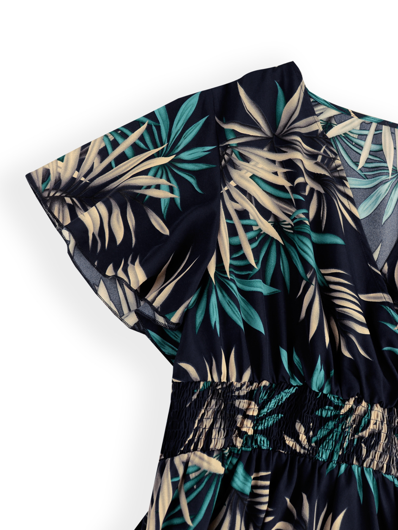 Tropical Palm Print Surplice V-Neck Flutter Sleeve Midi Dress | Curvy Vacation Casual Dress
