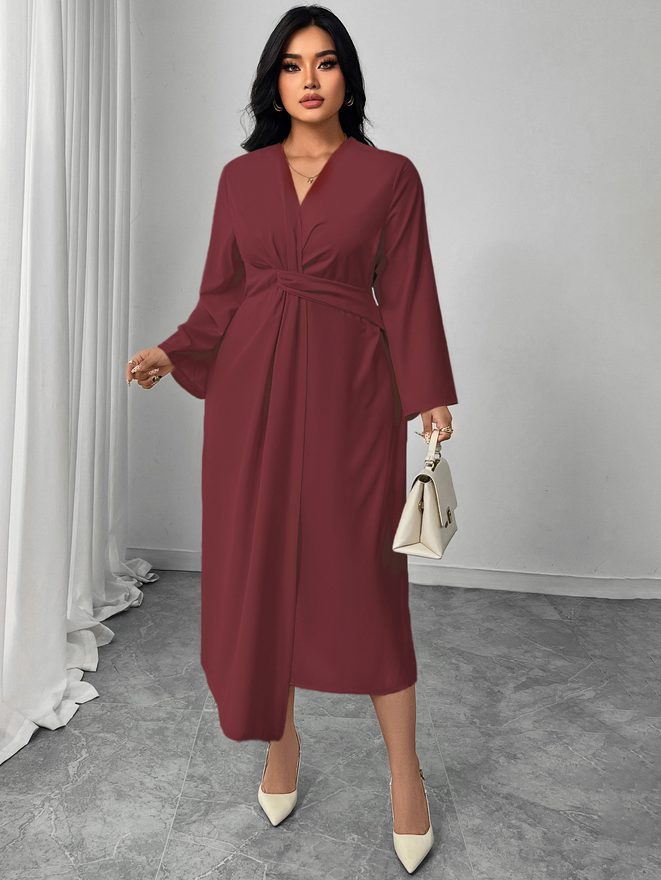 Twist Waist V-Neck Long Sleeve Midi Dress | Elegant Office Casual Curvy Wrap Dress