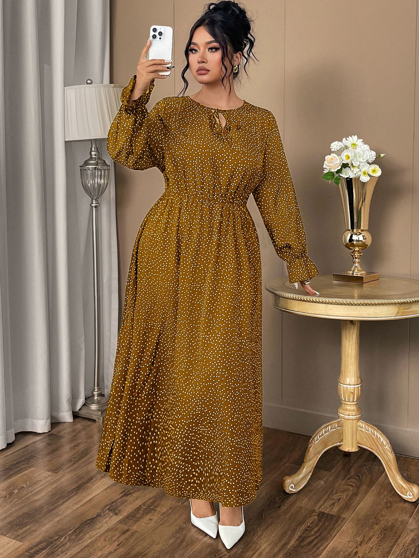 Polka Dot Tie Neck Long Sleeve Maxi Dress | Year-Round Casual Curvy A-Line Dress