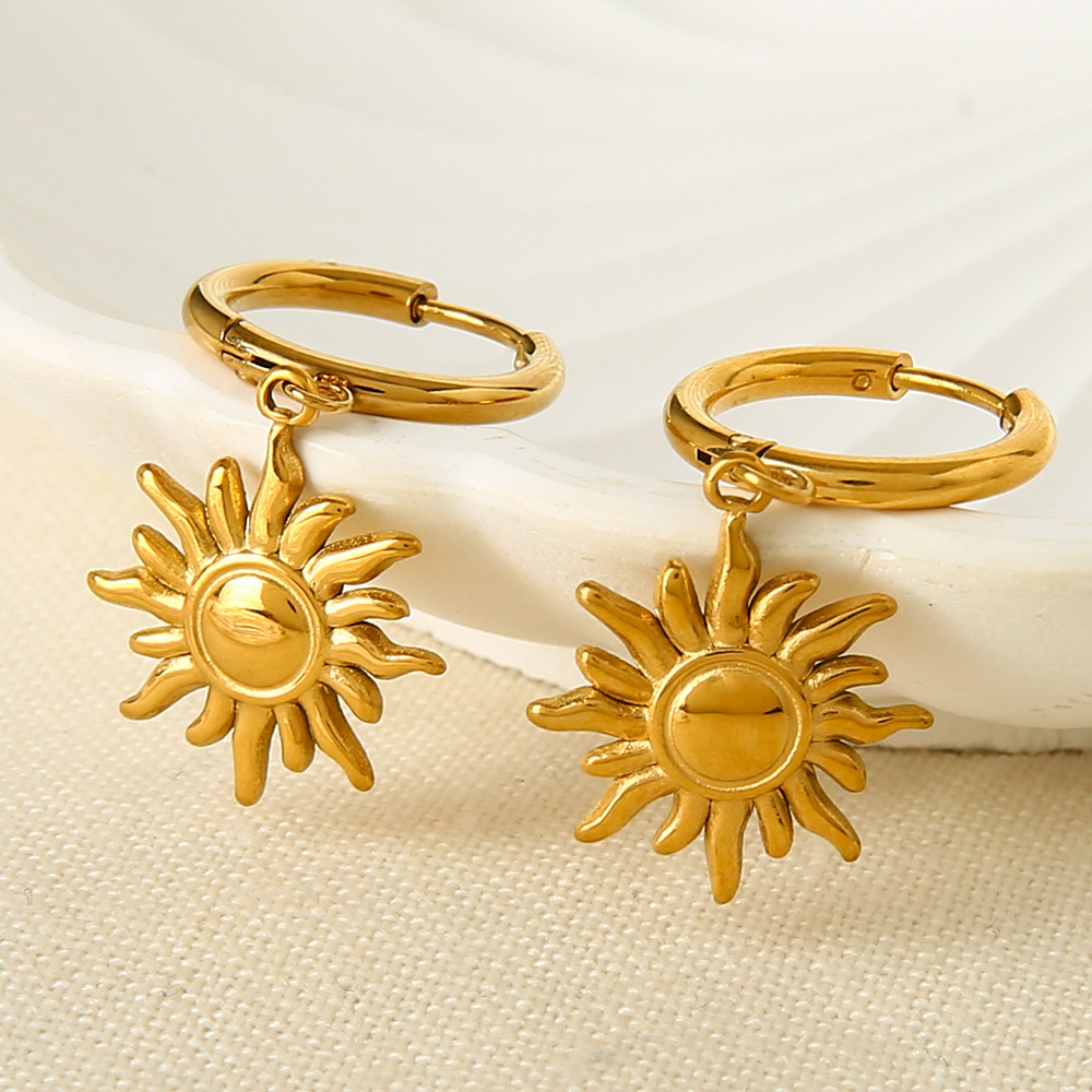 Vintage Sun Charm Huggie Drop Hoop Earrings