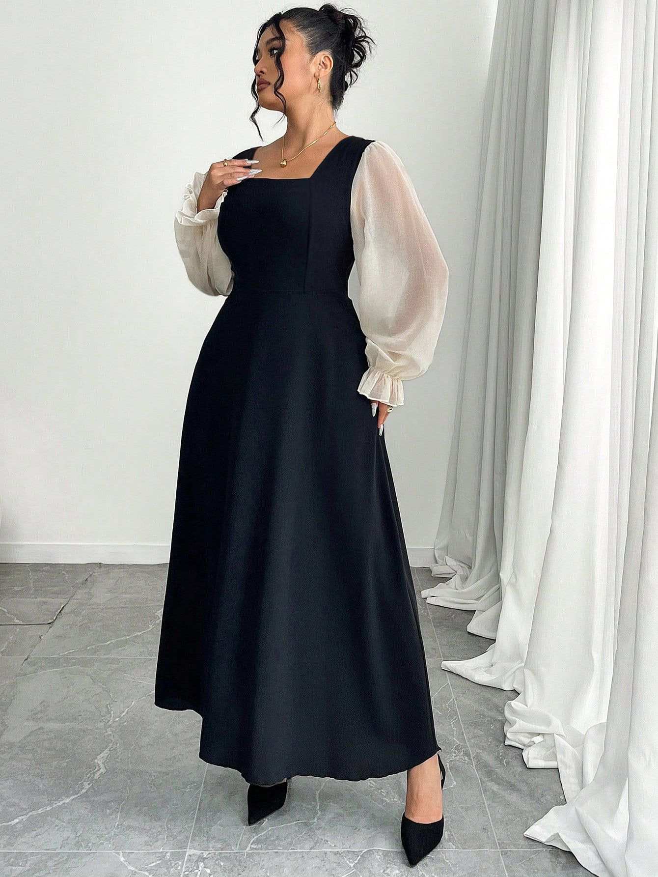 Contrast Sheer Puff Sleeve Square Neck Midi Dress | Curvy Women's Elegant A-Line Dress