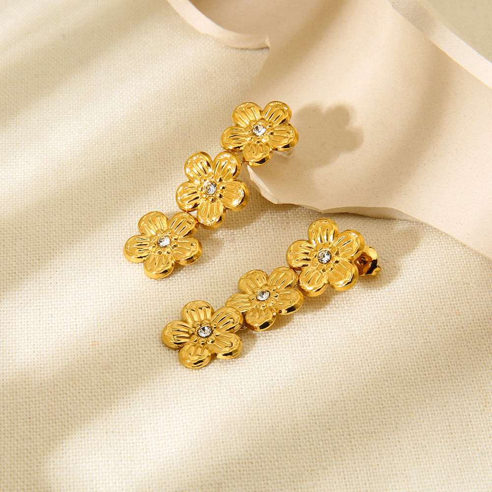 Triple Flower Crystal Drop Dangle Earrings