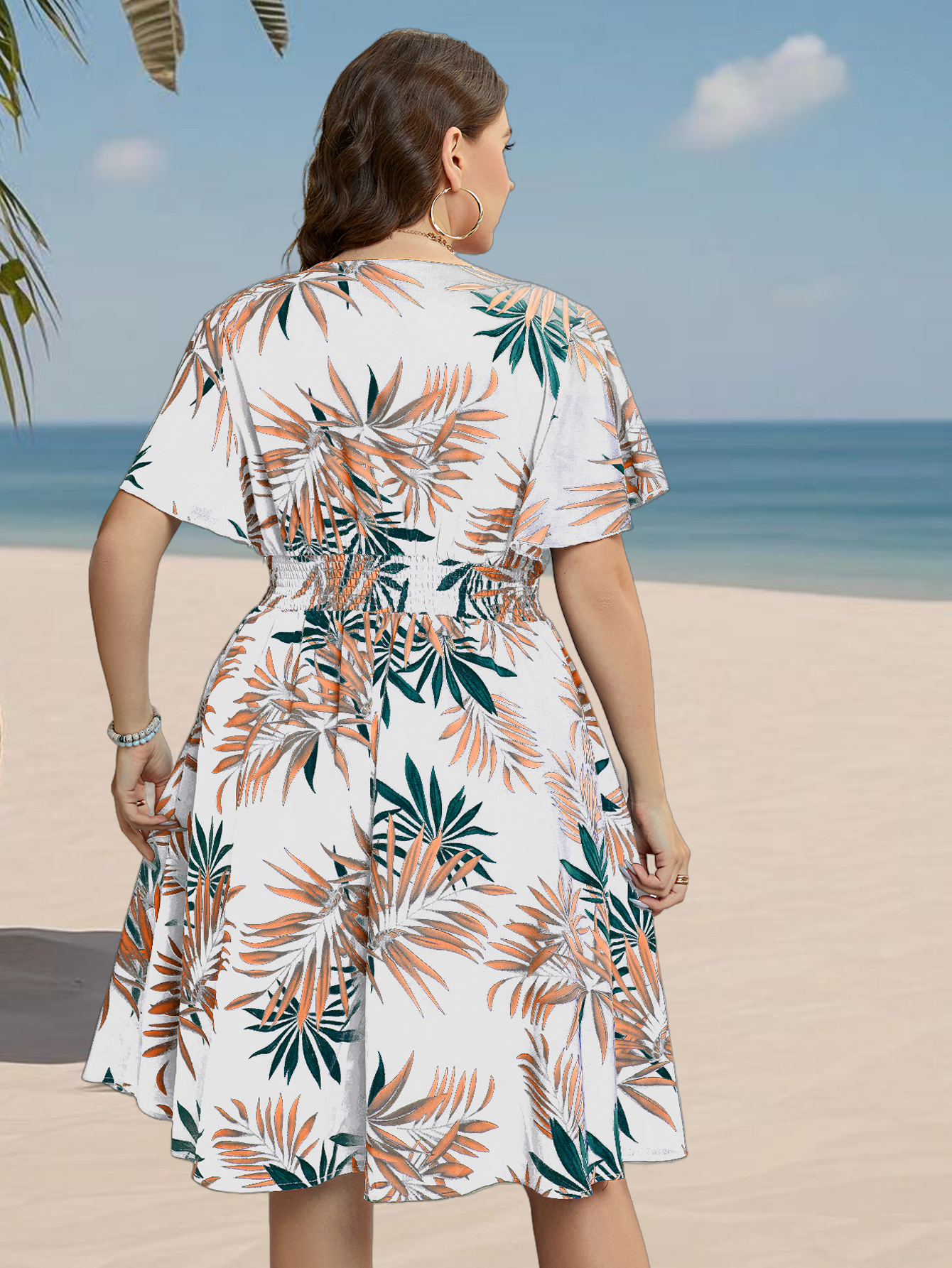 Tropical Palm Print Surplice V-Neck Flutter Sleeve Midi Dress | Curvy Vacation Casual Dress