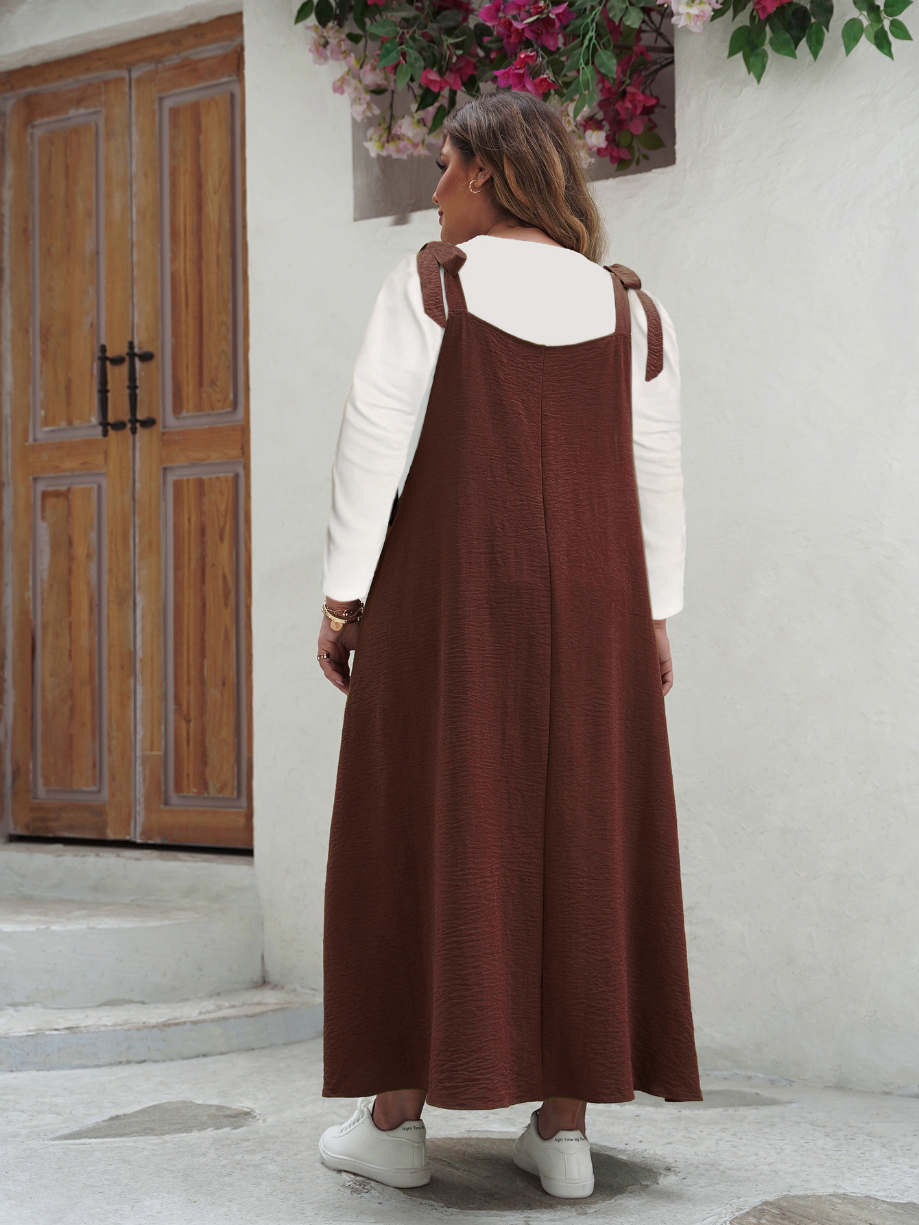 Tie Shoulder Pleated Maxi Pinafore Dress | Year-Round Casual Loose Fit Curvy Overall Dress