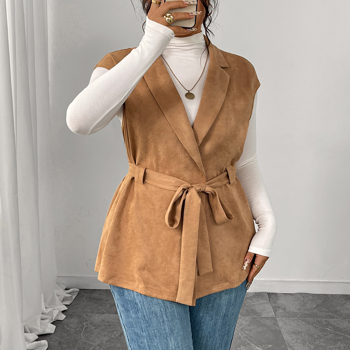Faux Suede Belted Blazer Vest | Curvy Women's Sleeveless Outerwear