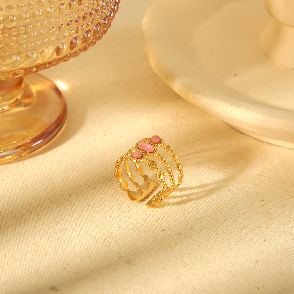 18K Gold Vintage Triple Beaded Open Cuff Ring with Natural Pink Stones