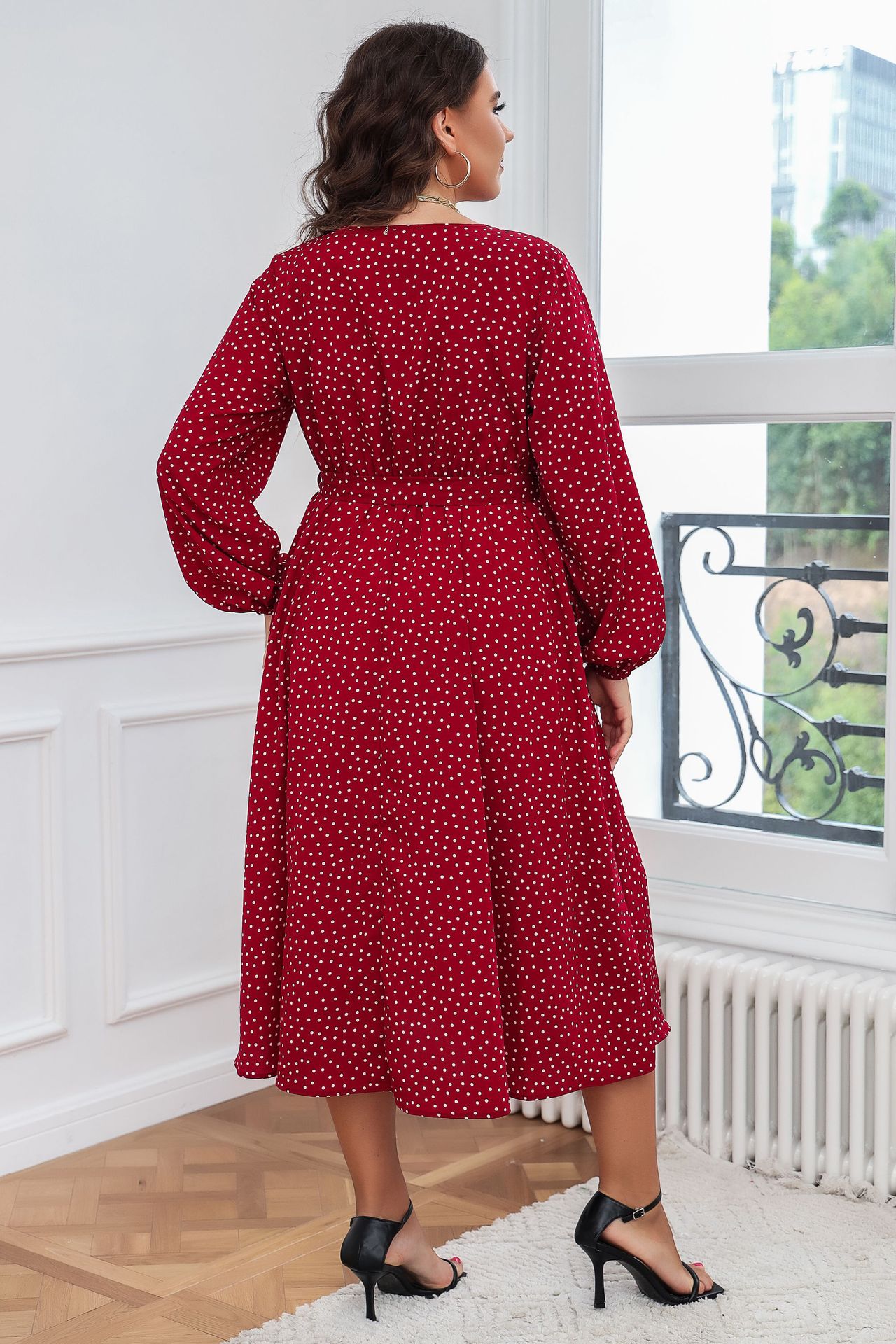 Polka Dot Wrap V-Neck Long Sleeve Midi Dress | Curvy Women's Flowy Slit Dress