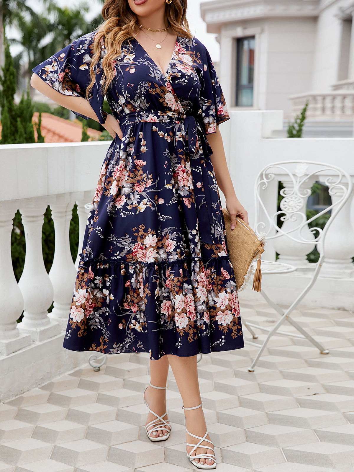 Floral Print Wrap V-Neck Ruffle Hem Midi Dress | 2025 Spring Summer Boho Curvy Dress