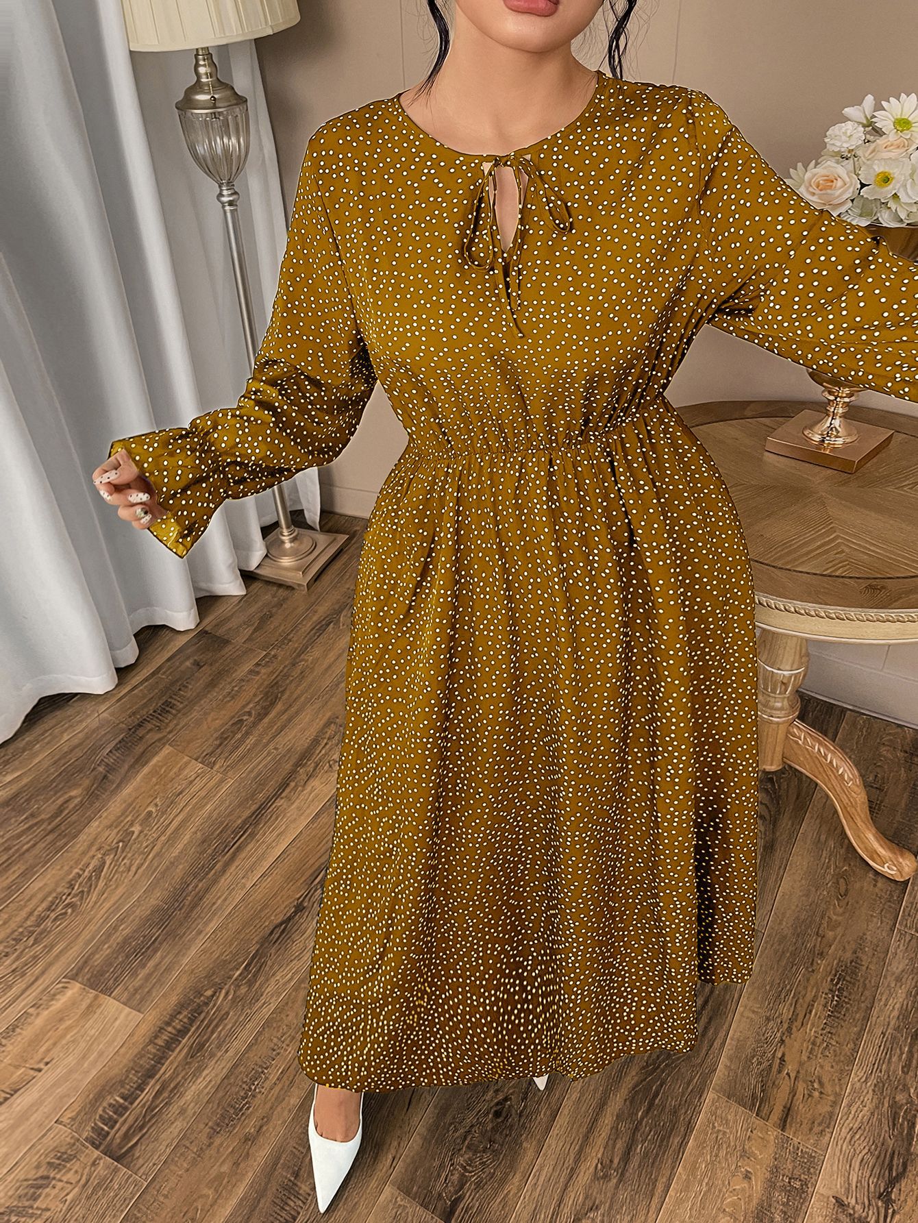Polka Dot Tie Neck Long Sleeve Maxi Dress | Year-Round Casual Curvy A-Line Dress