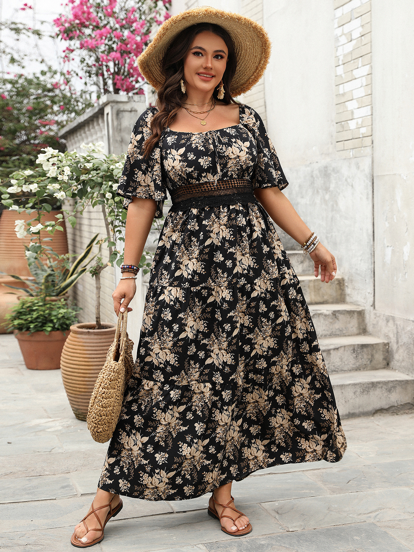 Square Neck Lace Trim Tiered Maxi Dress | 2025 Spring Summer Boho Casual Curvy Dress