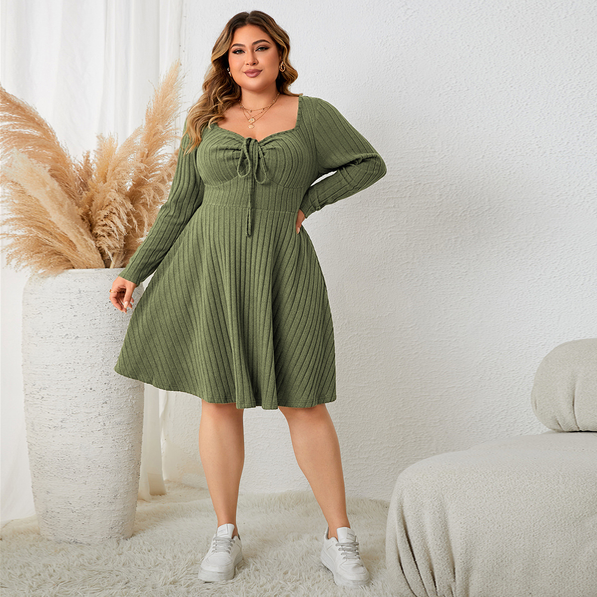 Ribbed Knit Drawstring V-Neck Long Sleeve A-Line Dress | Casual Curvy Sweater Dress