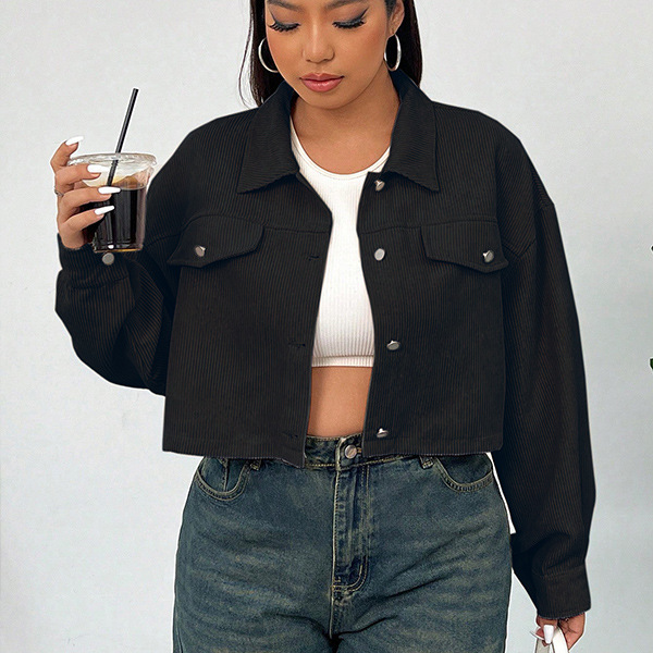 Corduroy Cropped Button-Down Jacket | Casual Plus Size Trucker Coat