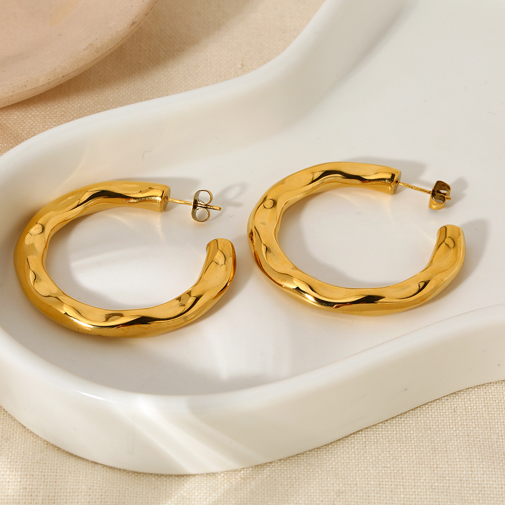 Hammered Irregular Open Hoop 18K Gold Earrings