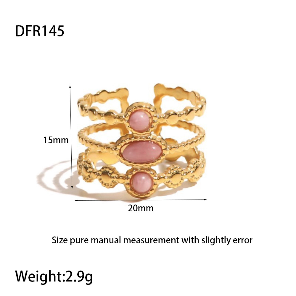 18K Gold Vintage Triple Beaded Open Cuff Ring with Natural Pink Stones