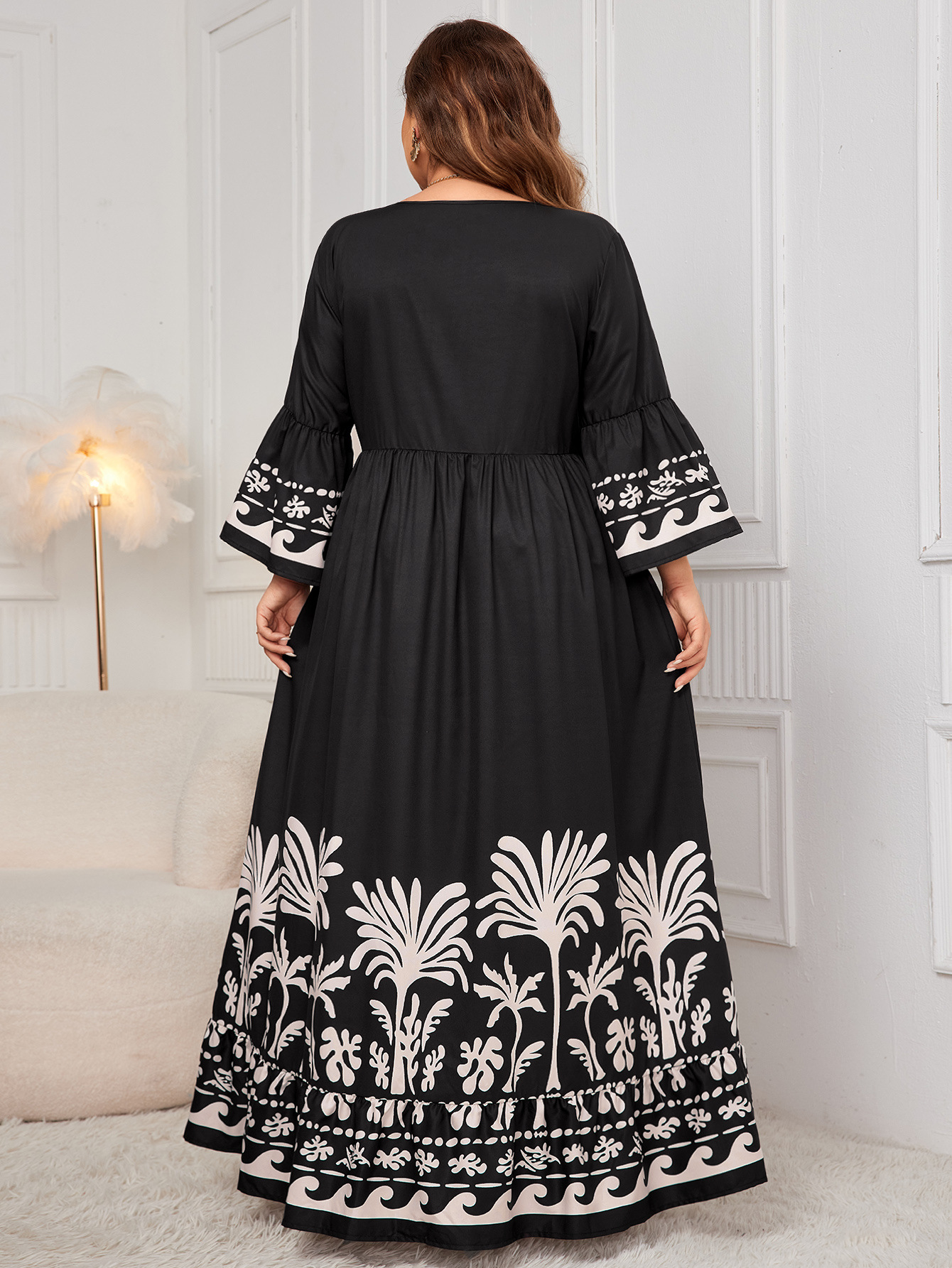 Tropical Print V-Neck Flare Sleeve Maxi Dress | Curvy Women's Resort Wear