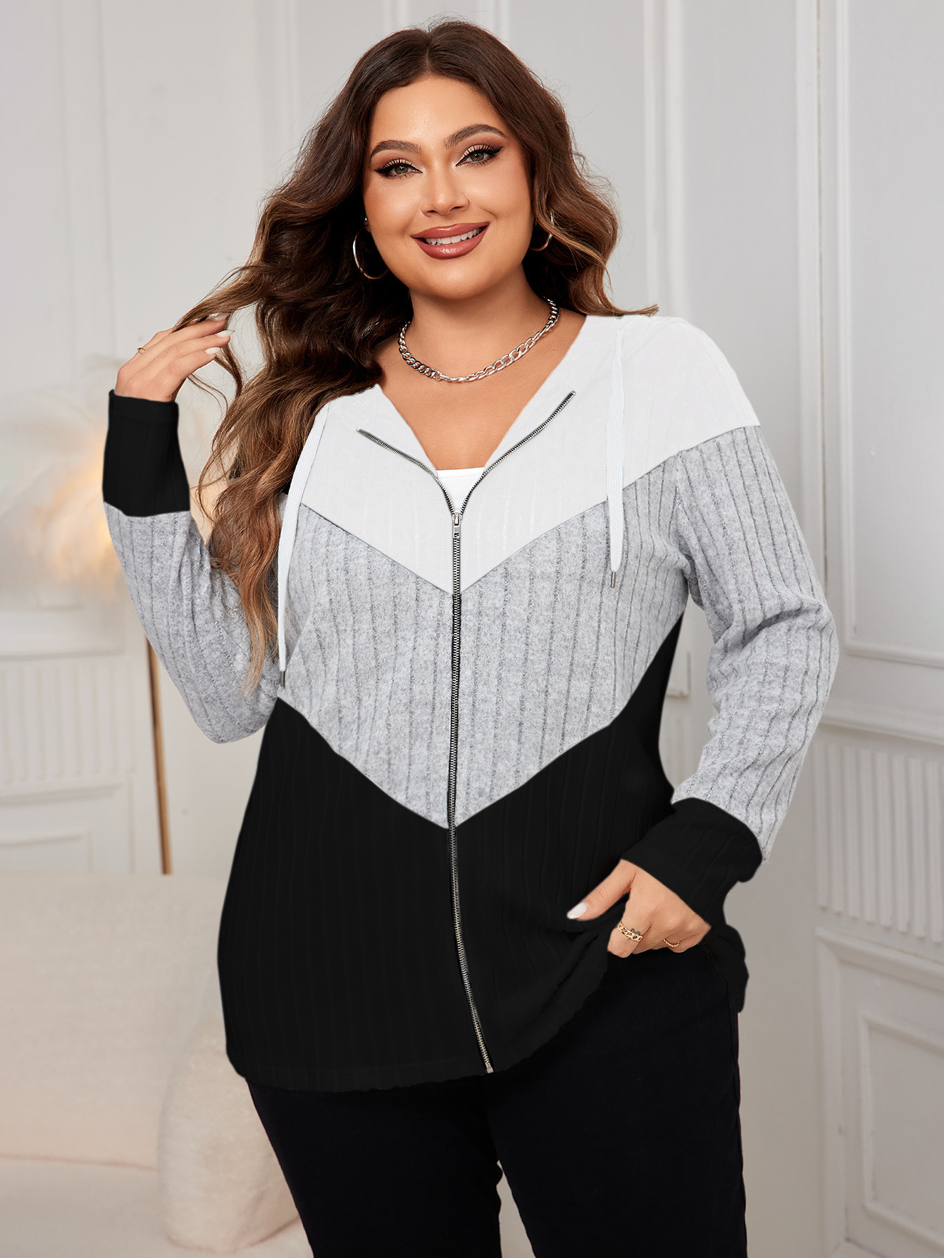 Colorblock Ribbed Knit Zip-Up Hoodie | Casual Curvy Long Sleeve Jacket