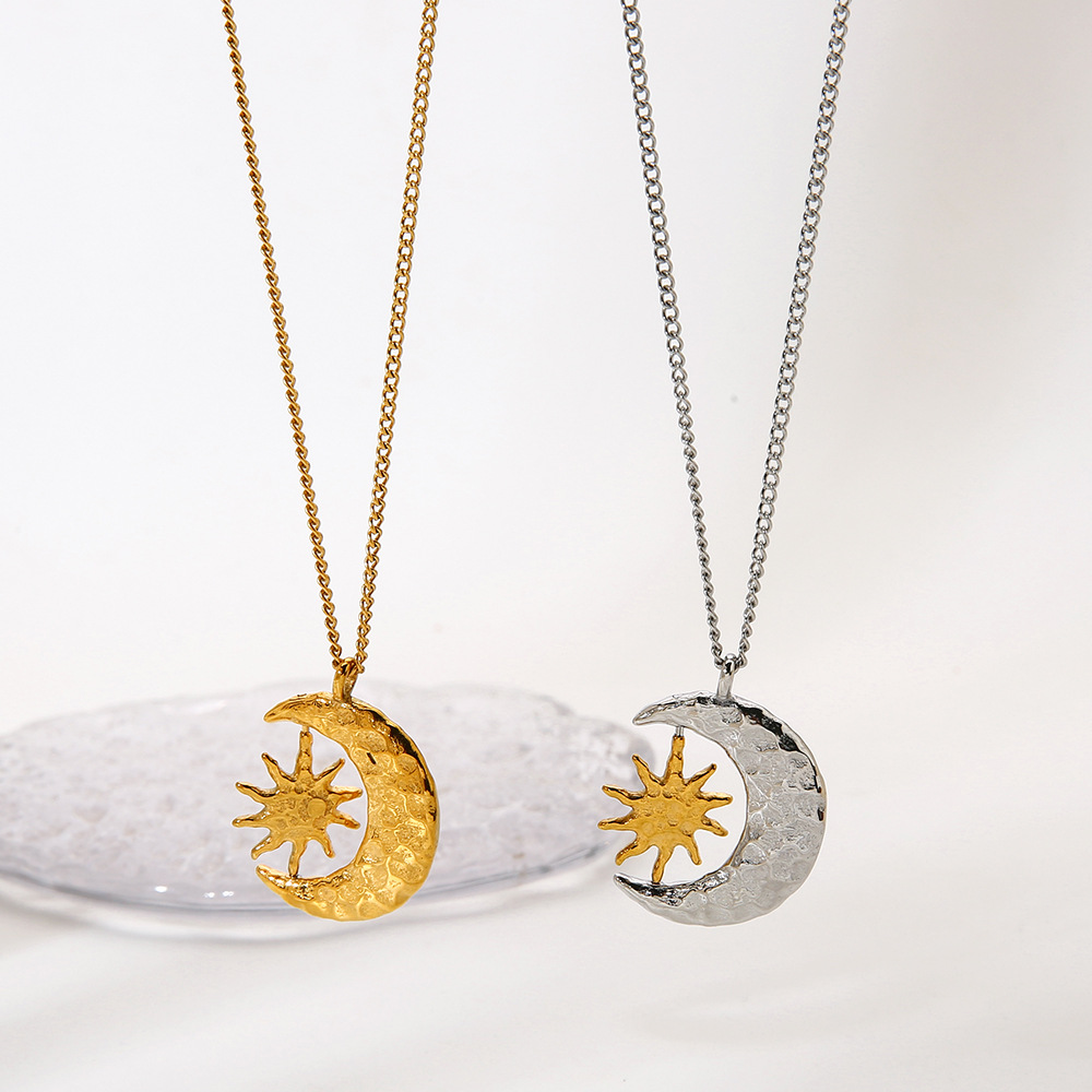 Rotating Sun & Moon Hammered Crescent Necklace
