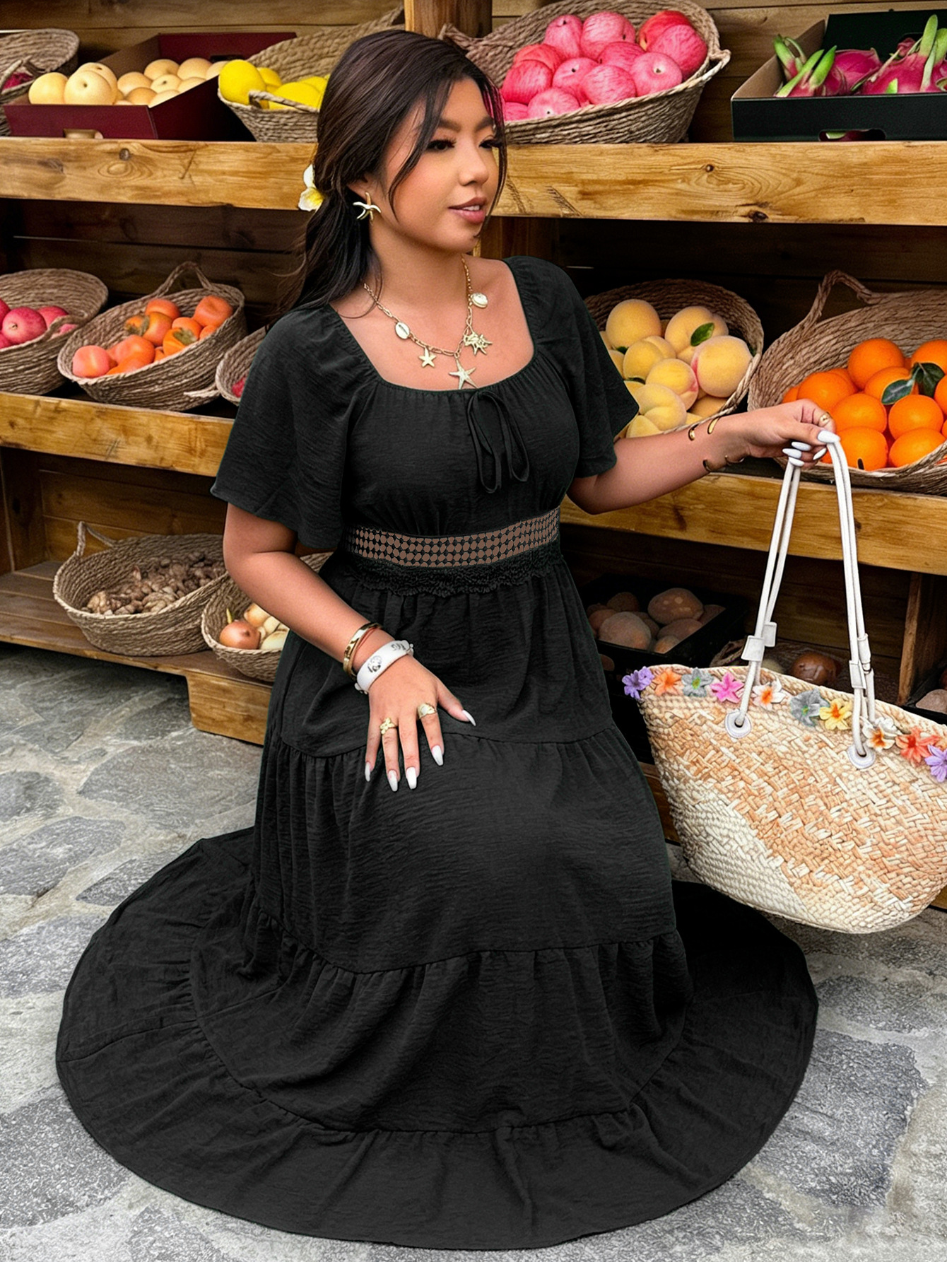 Square Neck Lace Trim Tiered Maxi Dress | 2025 Spring Summer Boho Casual Curvy Dress