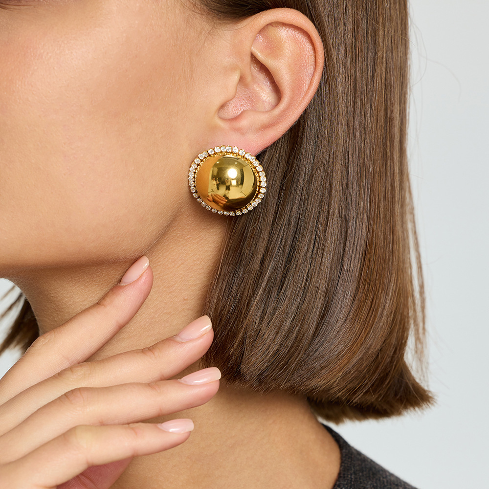 Dome Ball Halo Zircon Border Gold Statement Stud Earrings