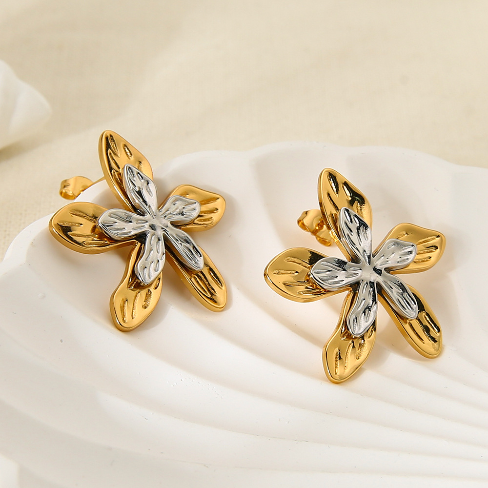 Two-Tone Double Layer Five-Petal Flower Stud Earrings