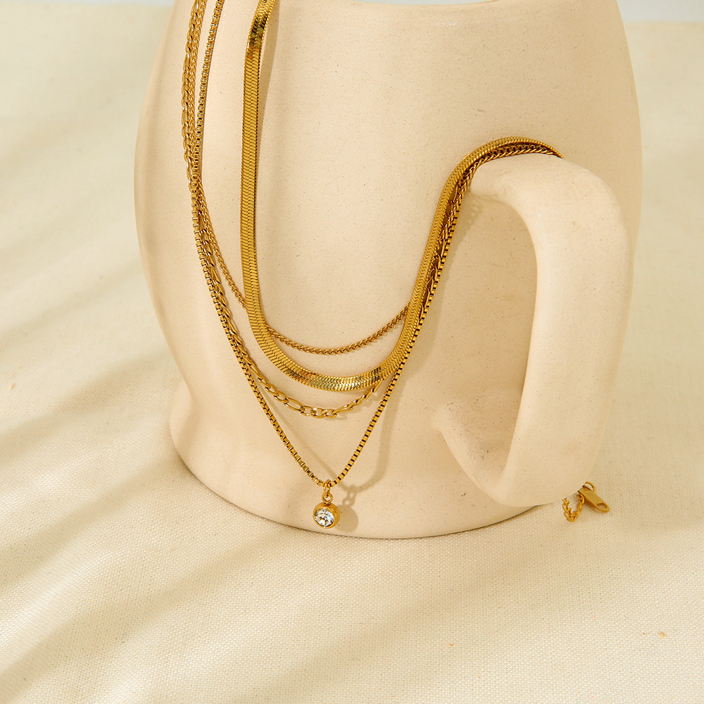 Four-Tier Mixed Chain Necklace with Bezel Crystal Drop
