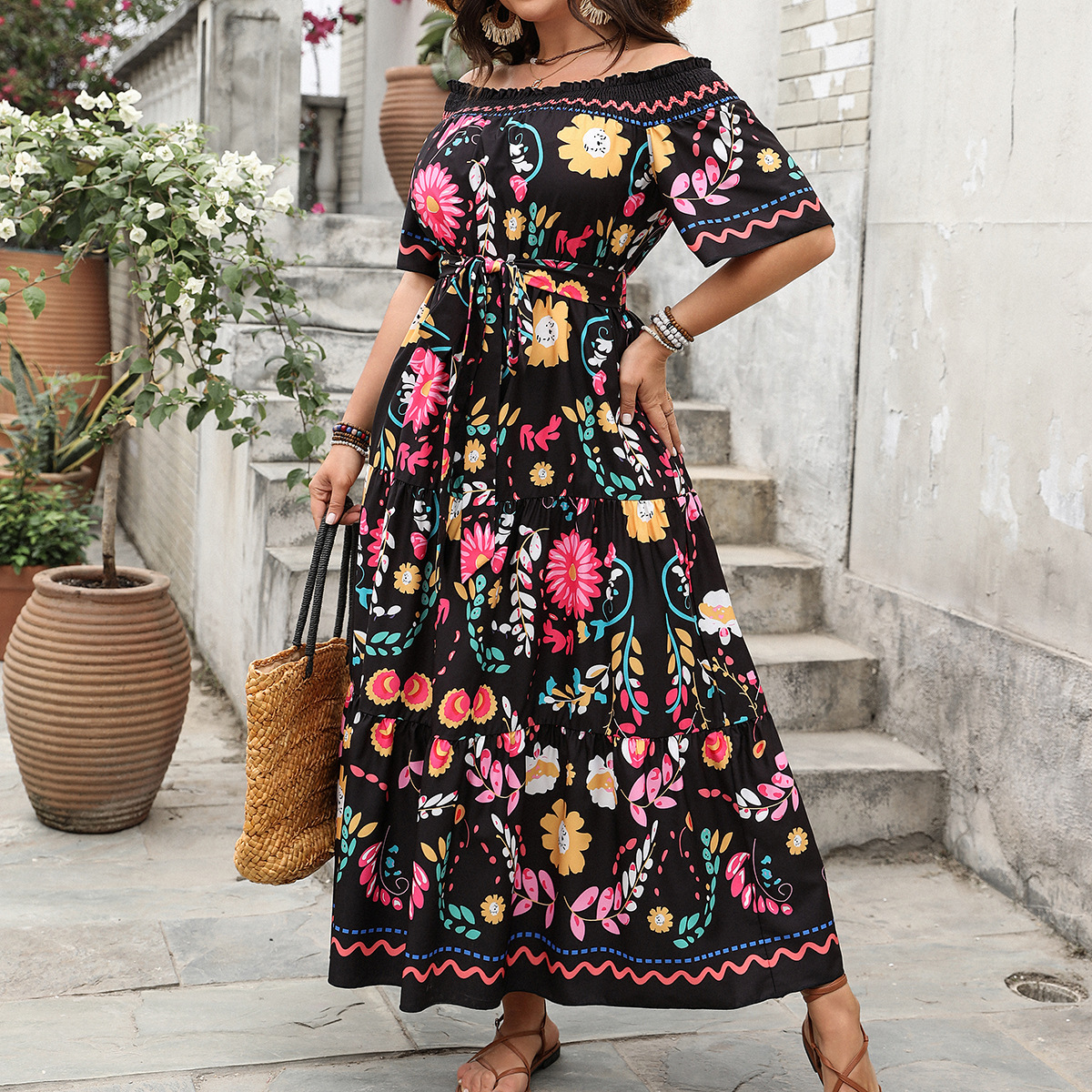 Floral Print Off-Shoulder Tiered Maxi Dress | Casual Boho Curvy Summer Dress