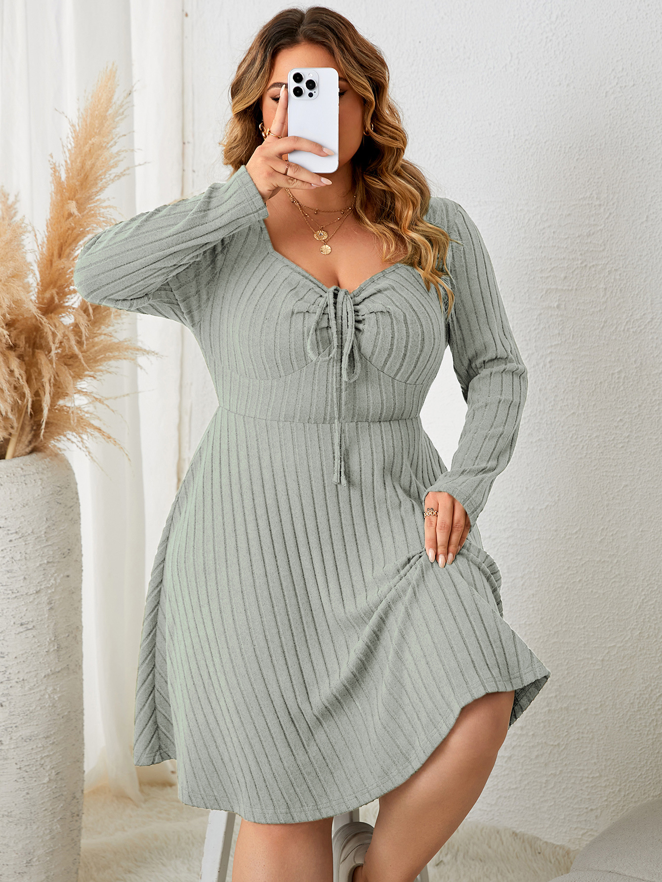 Ribbed Knit Drawstring V-Neck Long Sleeve A-Line Dress | Casual Curvy Sweater Dress