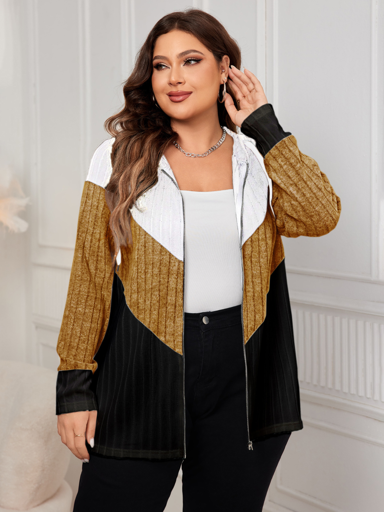Colorblock Ribbed Knit Zip-Up Hoodie | Casual Curvy Long Sleeve Jacket